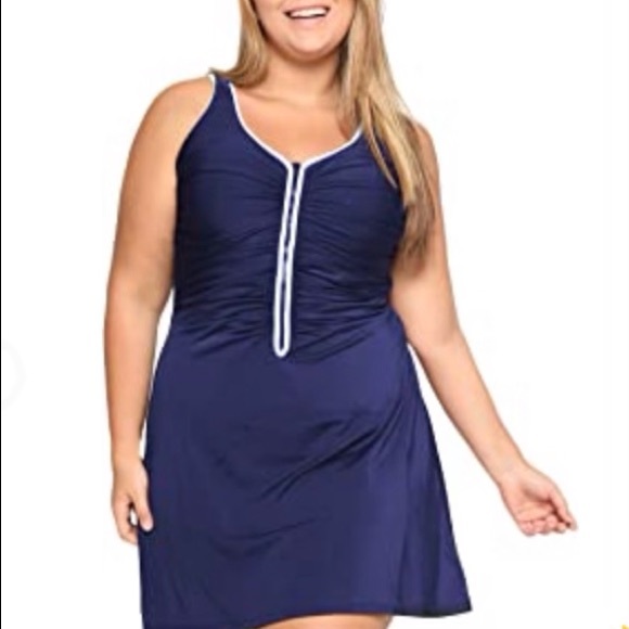 DELIMIRA Women's Plus Size  Swimsuit Zip Front Skirted Bathing Suits Swimdress - Picture 6 of 7